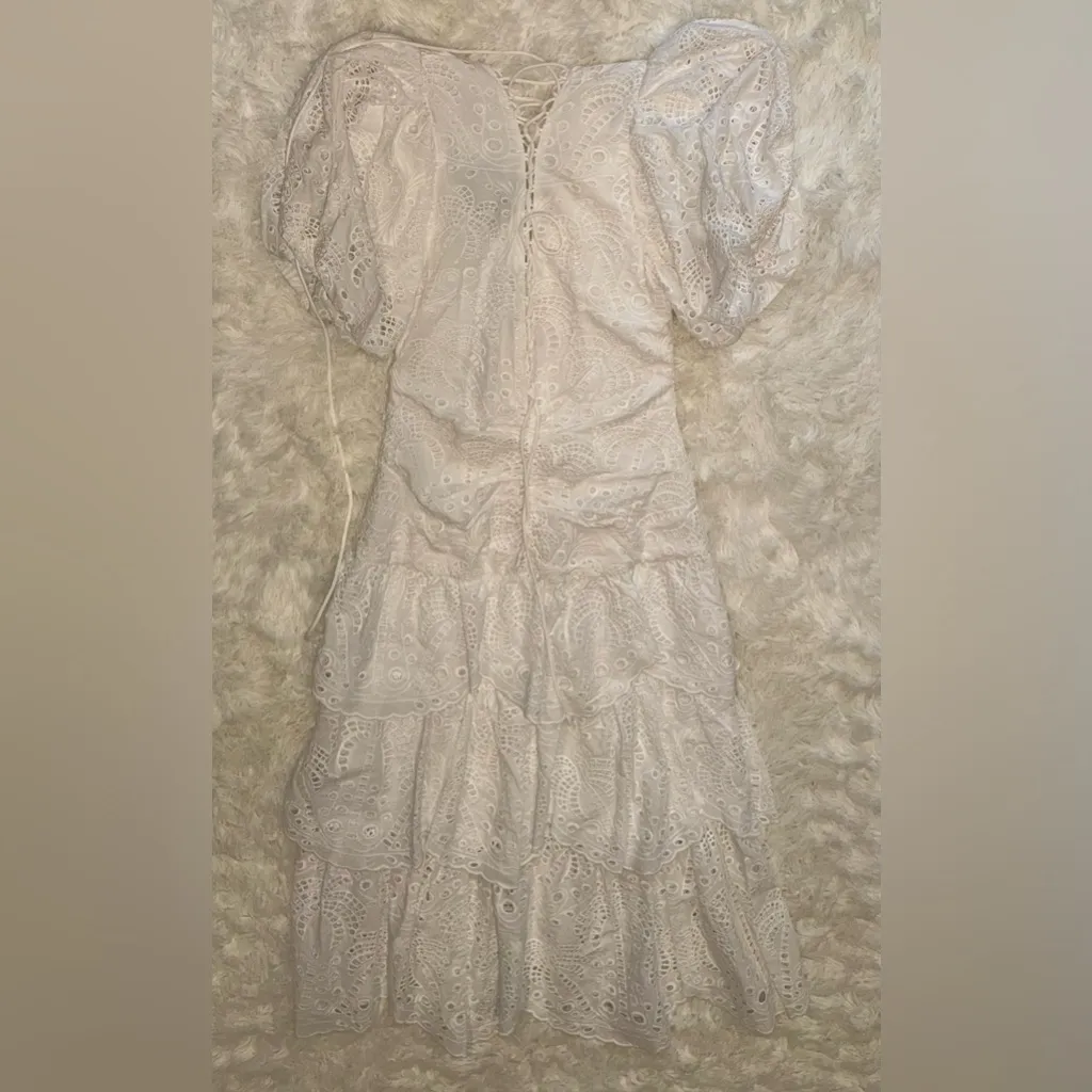 NWOT Farm Rio Eyelet Puff Sleeve Tiered Cotton White Midi Dress sz M - Image 6