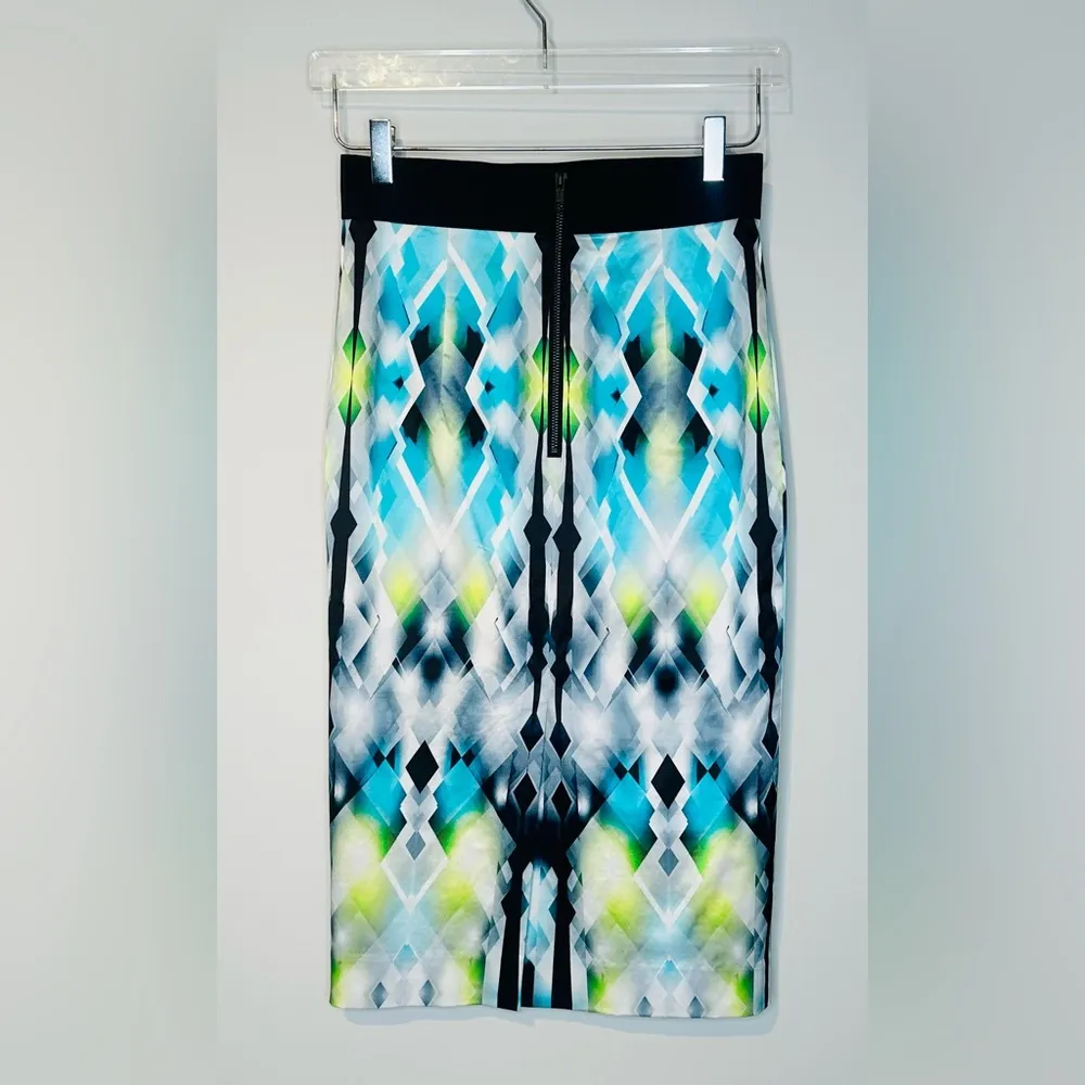 Milly Satin Diamond Stain Glass Blue Green Print Midi Pencil Skirt Size 4 - Image 2