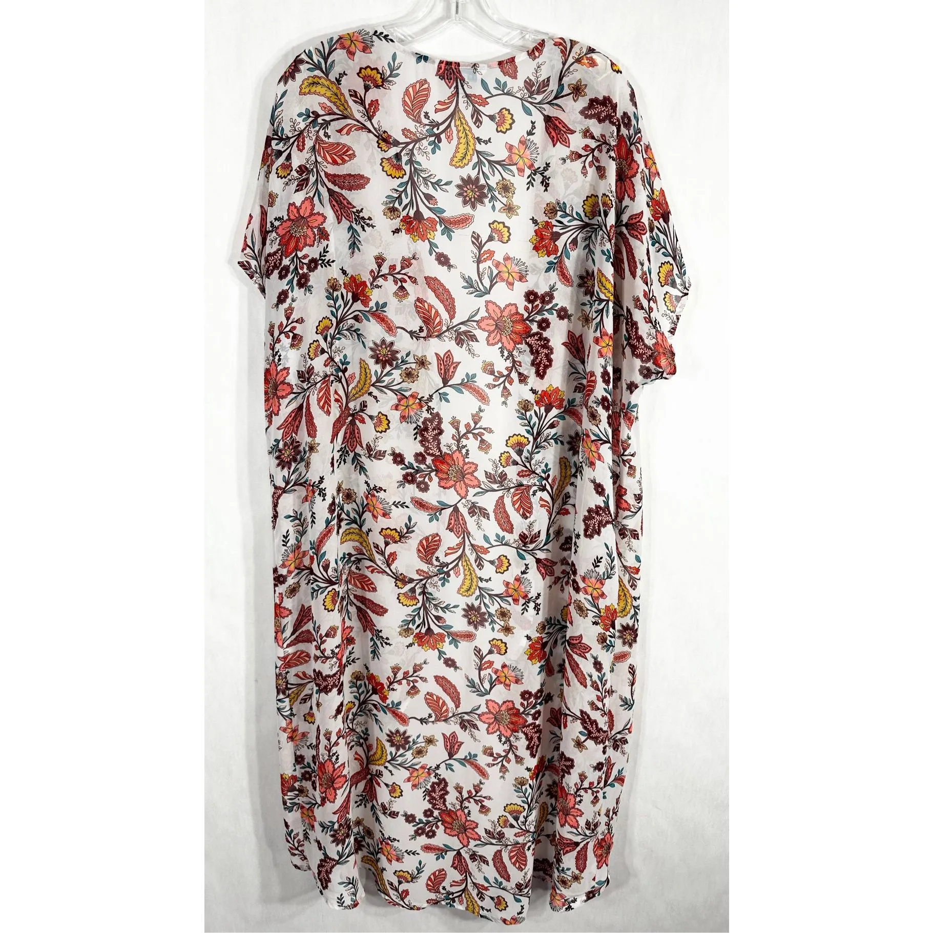 Boutique Plus Size 1X Kimono Floral White Peach Open Front Long Chiffon 857 - Image 7