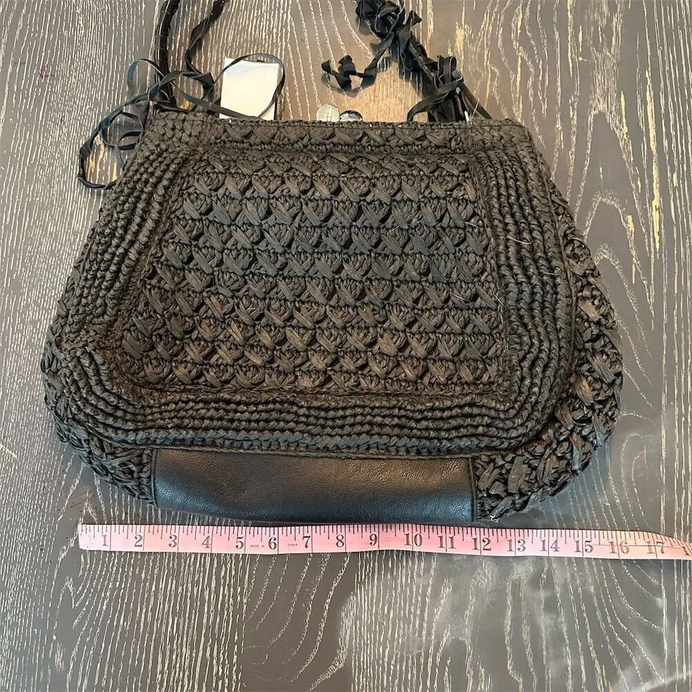 Nordstrom Black Straw & Leather Shoulder Bag Women's  Closure Fabric Lined NWT - Image 9