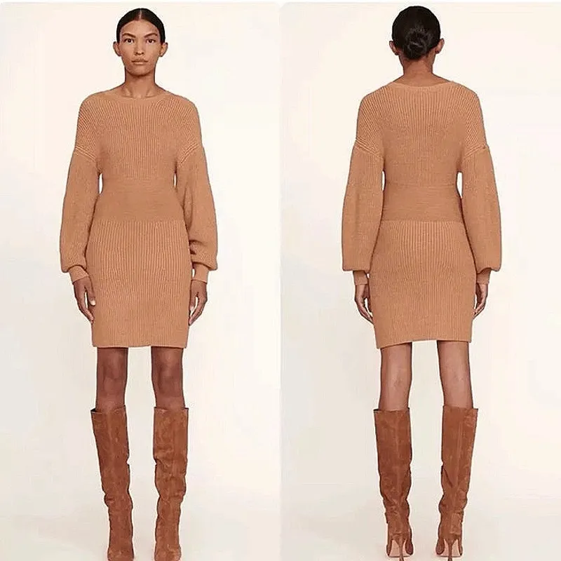 STAUD Marylebone Brown Tan Balloon Long Sleeve Knit Mini Bodycon Sweater Dress M - Image 2
