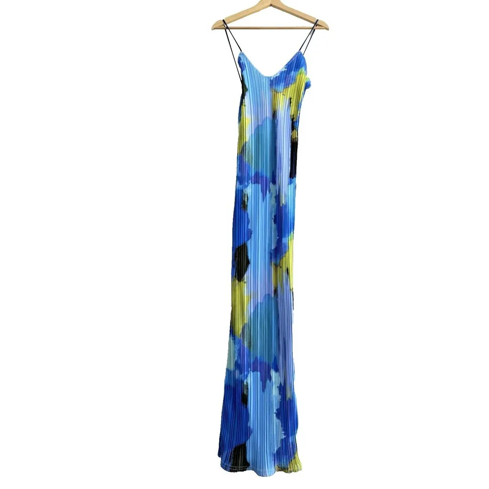 Big brother Rubina's blue abstract plisse dress strappy women maxi dress size 4‎ - Image 3