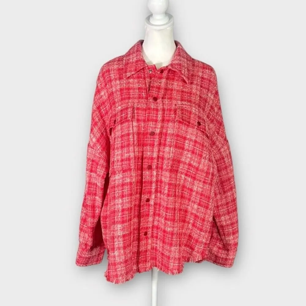 Zara Shirt Women's Small Red Plaid Tweed Button Long Sleeves Collared Pockets - Image 3