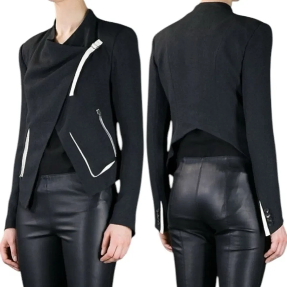 Helmet Lang x Intermix Sugar Cropped Asymmetric Blazer Jacket in Black/Cream - Image 16