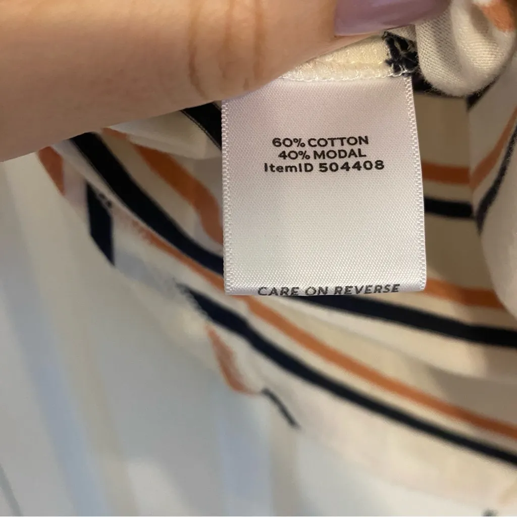 LL Bean Women Tee Shirt Small Cap Sleeve White Neutral Stripes Cotton Modal - Image 3