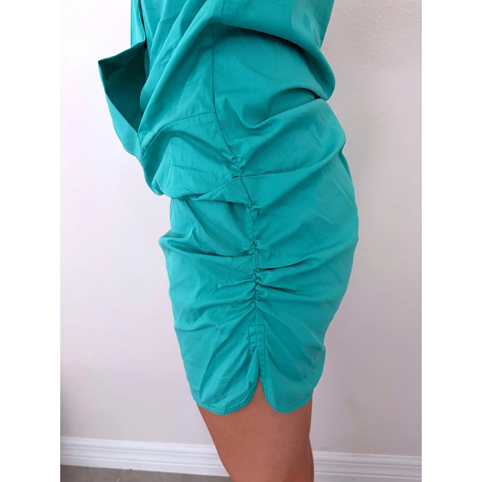 Sara Roka Teal Ruched Collared Button Up Mini Dress Medium Italy Designer Luxury Green - Image 2