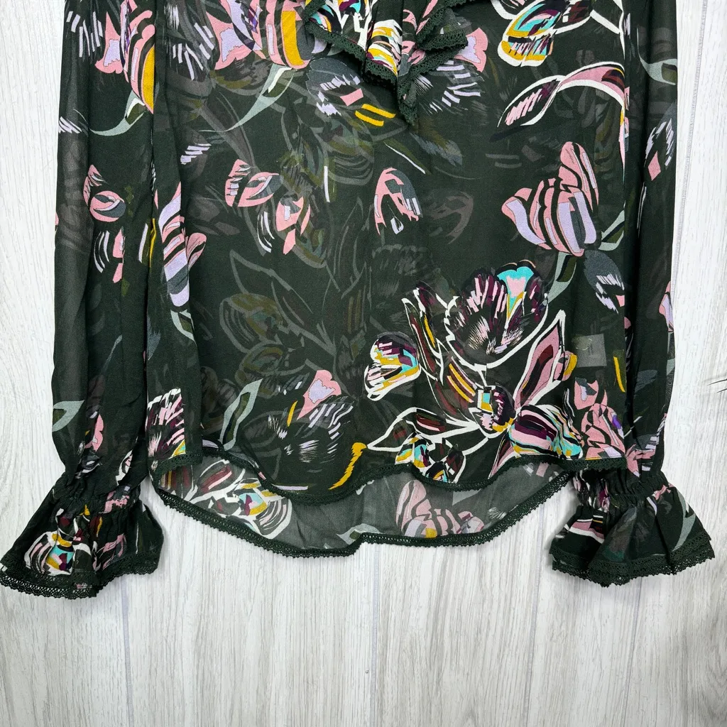 Anthropologie Tryb 100% Silk Floral Sheer Peasant Top Blouse size XS Extra Small - Image 4