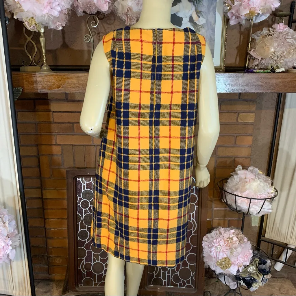 VINTAGE 1960'S M.H. FINE CO YELLOW & BLUE PLAID WOOL BLEND SHIFT DRESS (12) - Image 6