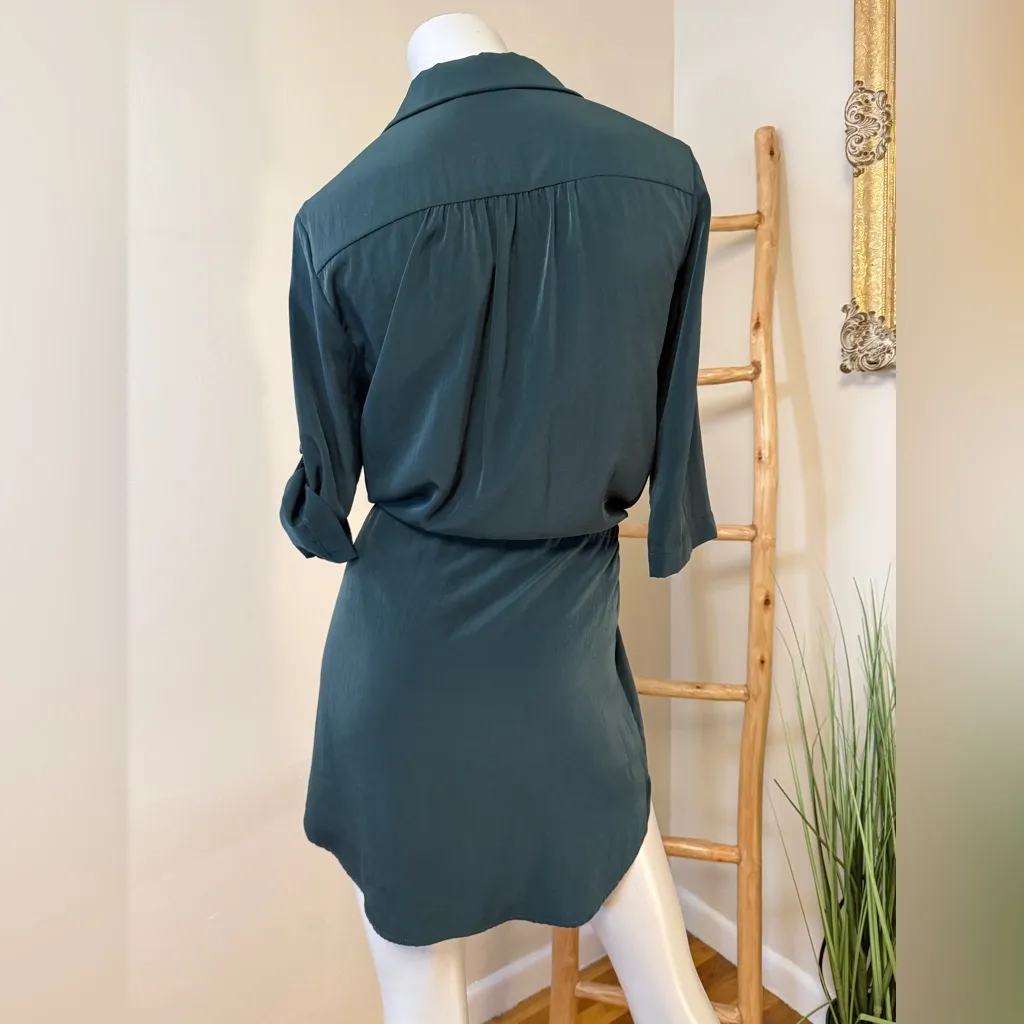 Glam Shirt Dress Button Front Short Roll Tab Sleeve Pocket Tie Waist small Green - Image 3