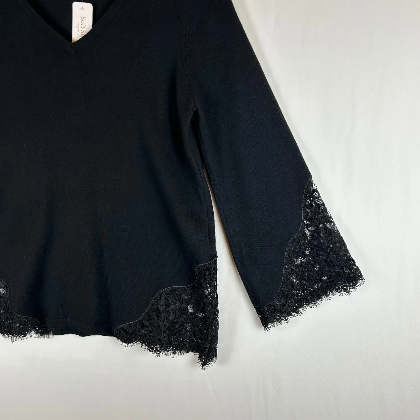 NWT Soft Surroundings Small Petite Pujili‎ Sweater Black Lace Trim V Neck Top PS - Image 9