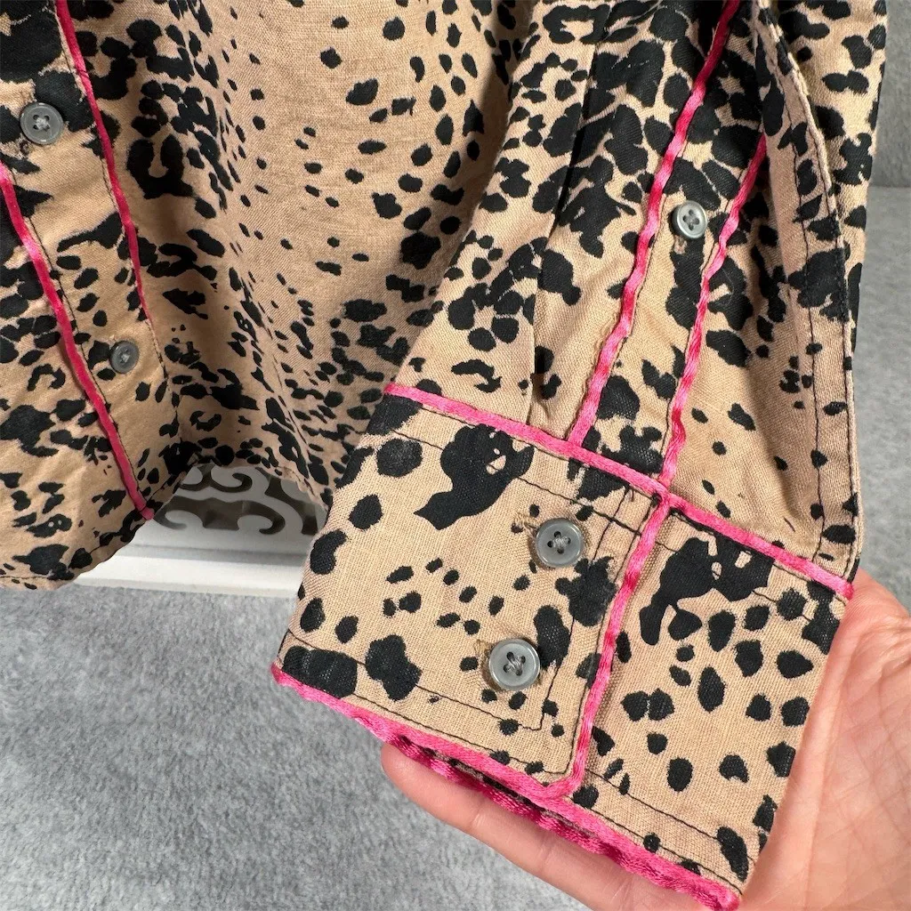 J.Crew Shirt Womens Size M Leopard Print Linen Cotton Button Up Brown Size M - Image 5