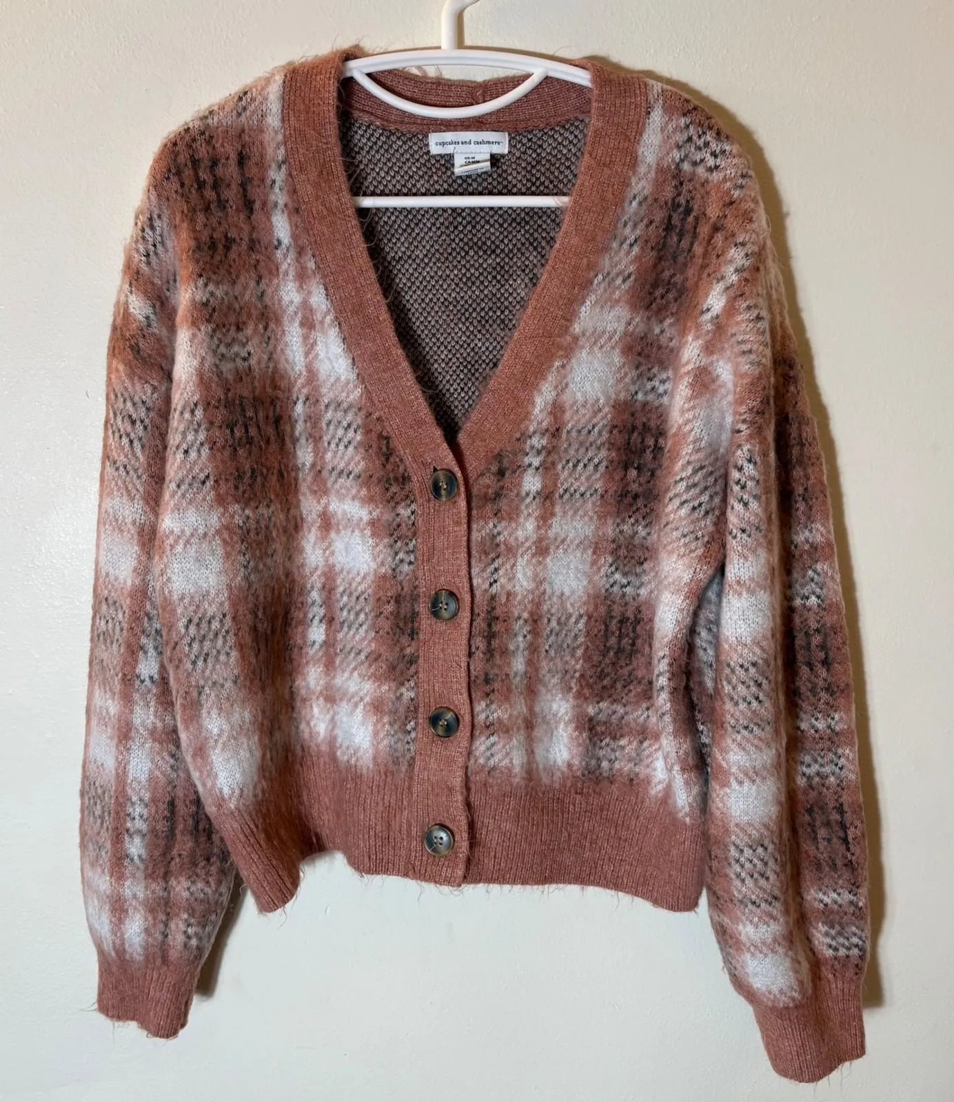 Cupcakes and Cashmere Plaid Fuzzy Cardigan Sweater Size Medium - Image 1