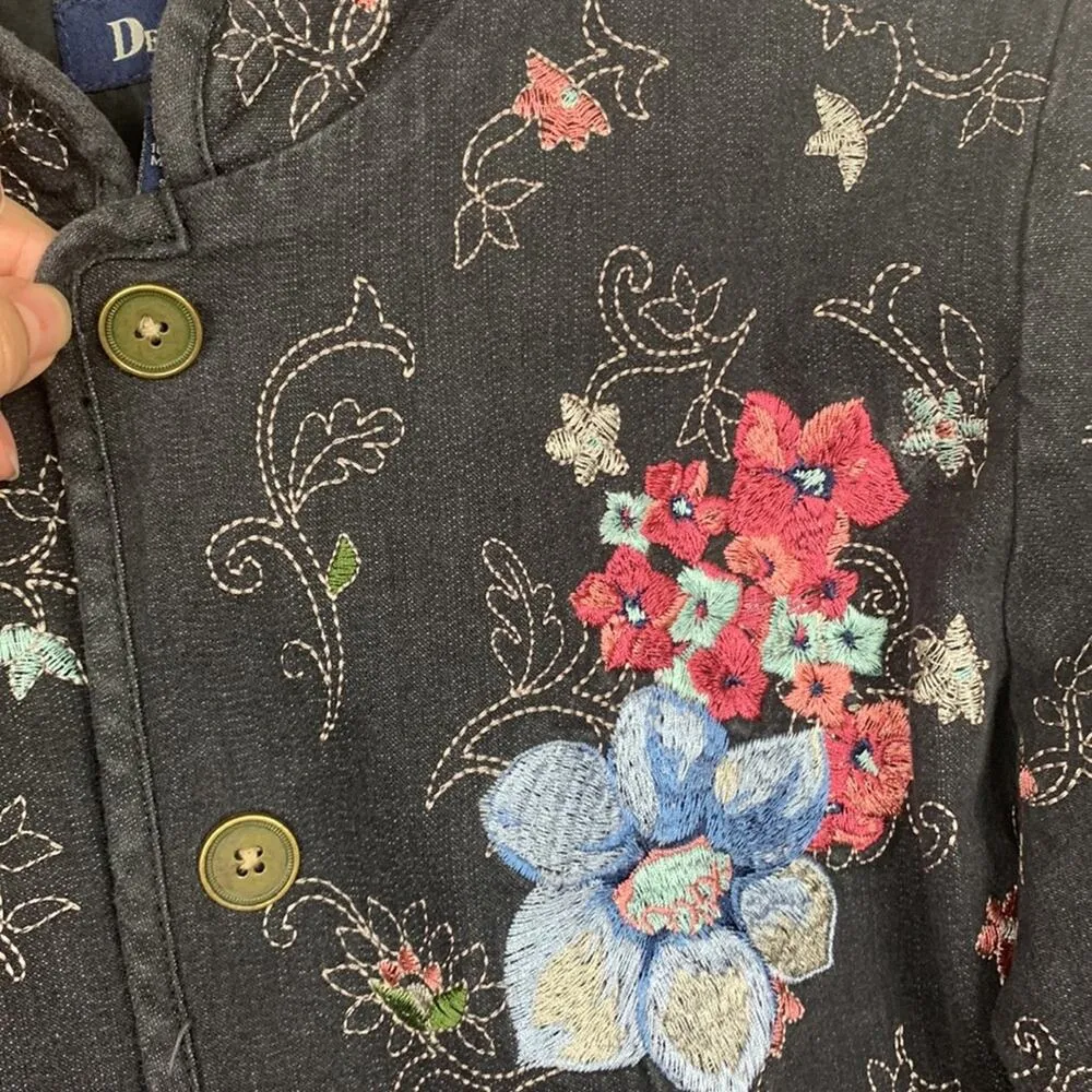 Denim & Co womens small black floral embroidered button up jacket blazer fairy b - Image 7