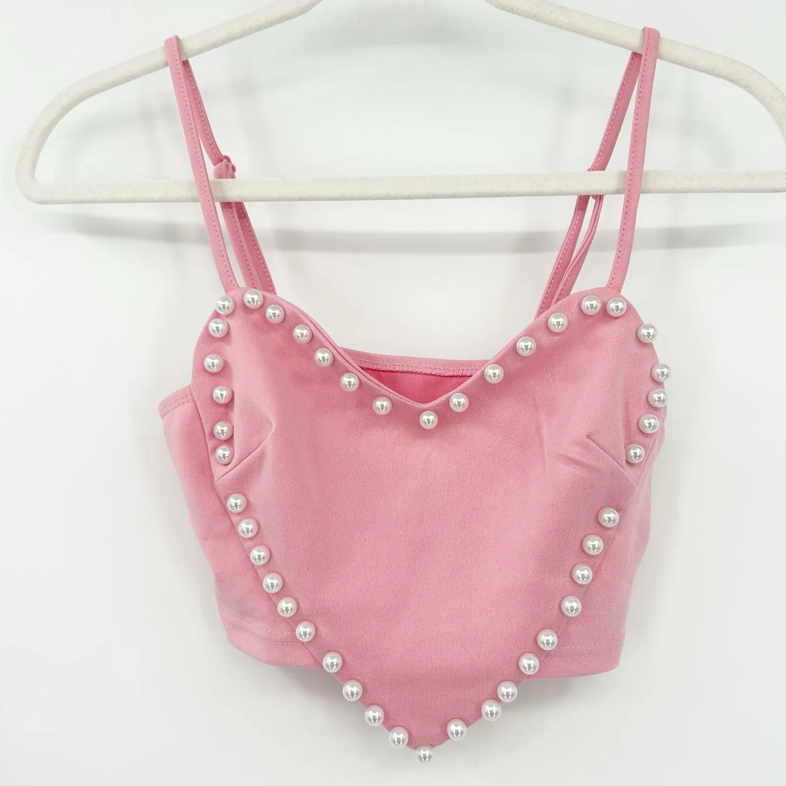 Shein Womens Girly Valentines Day Pearl Beaded Heart Cami‎ Crop Top Size XS Pink - Image 2