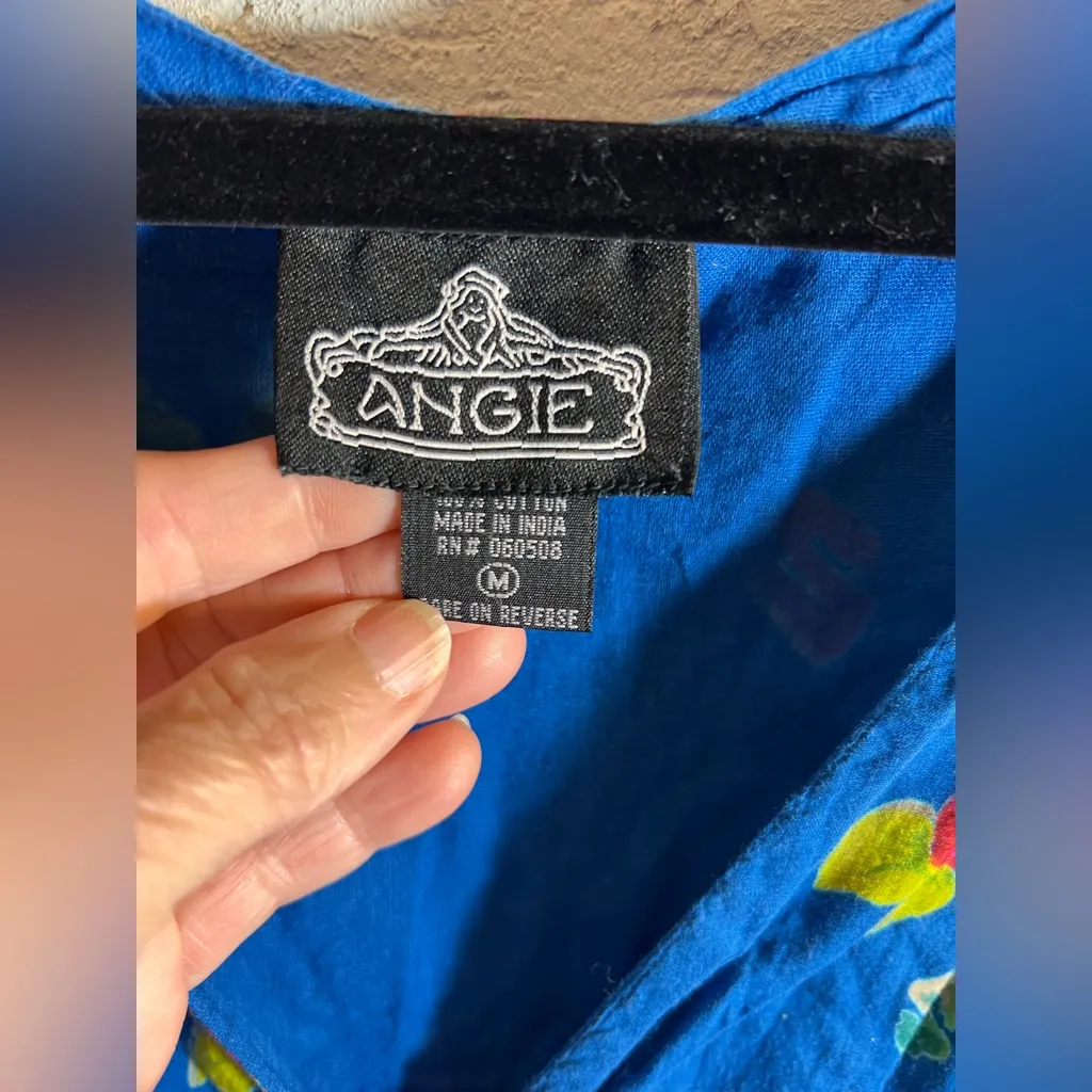 Blue Floral Sleeveless Dress M boho festival casual block print floral cotton - Image 2