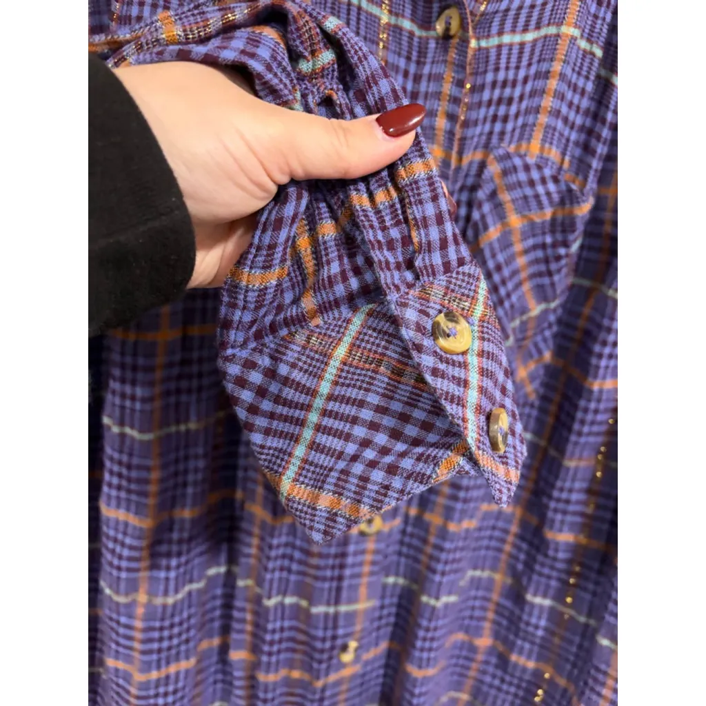Free People  Metallic Plaid Gauze Button Down Shirt Purple Orange Check Boho Fall - Image 2