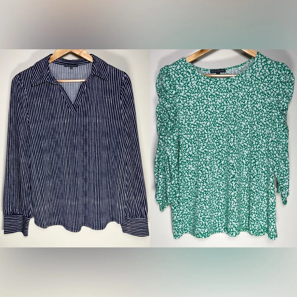 Adriana Papell Navy Stripe Blouse Green Floral Top Lot Work Office Set L - Image 2