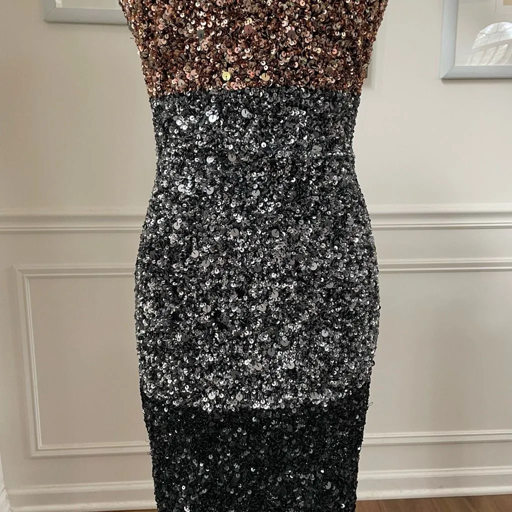 French Connection Sequin Cocktail Dress Metallic Colorblock Stripe Gold Silver 4 - Image 5