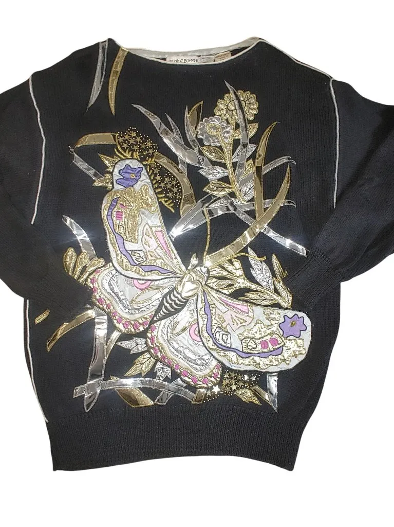 Bonnie Boerer Black Sweater Vintage 1987 Butterfly Appliqué Metallic Embroidery Size M - Image 2