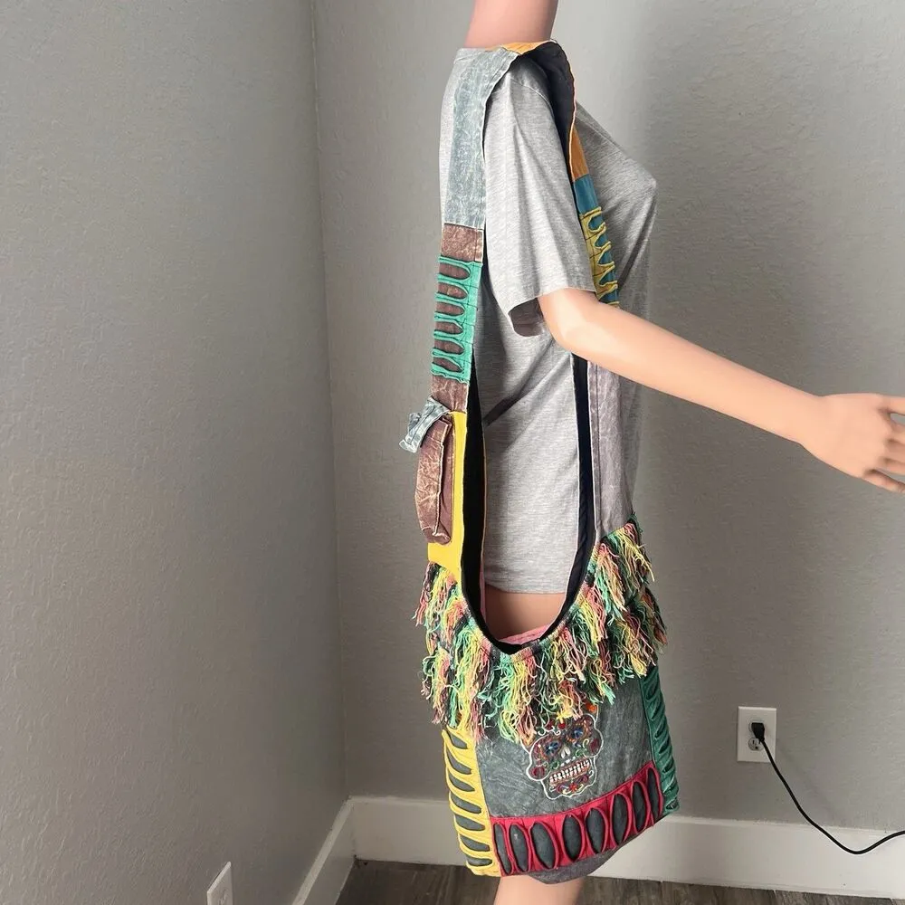 India Boutique Boho Shoulder crossbody satchel XXL bag Skull Fringe#139 Green - Image 10