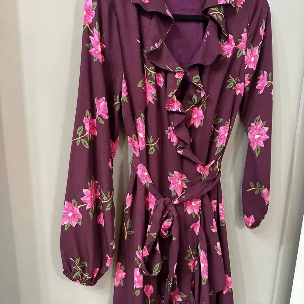 Draper James RSVP Plum Multicolor Floral Ruffle Wrap Lined Dress Size XS - Image 5
