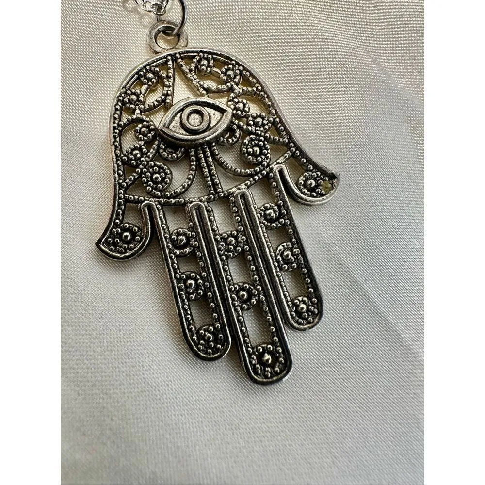 Silver tone Hamsa hand pendant necklace - Image 5