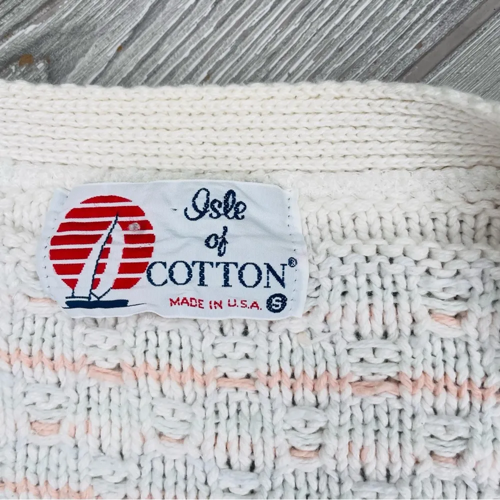 Isle of cotton knit long sleeve pink & white button front cardigan sweater sm - Image 3