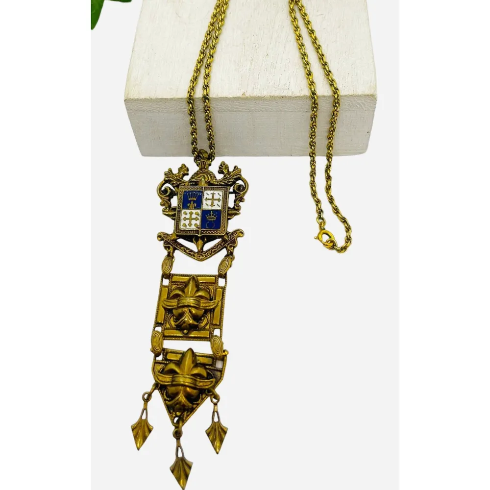 Vintage 1940s Gold Cross Enamel Fleur de Lis Enamel Crown Pendant Necklace - Image 2