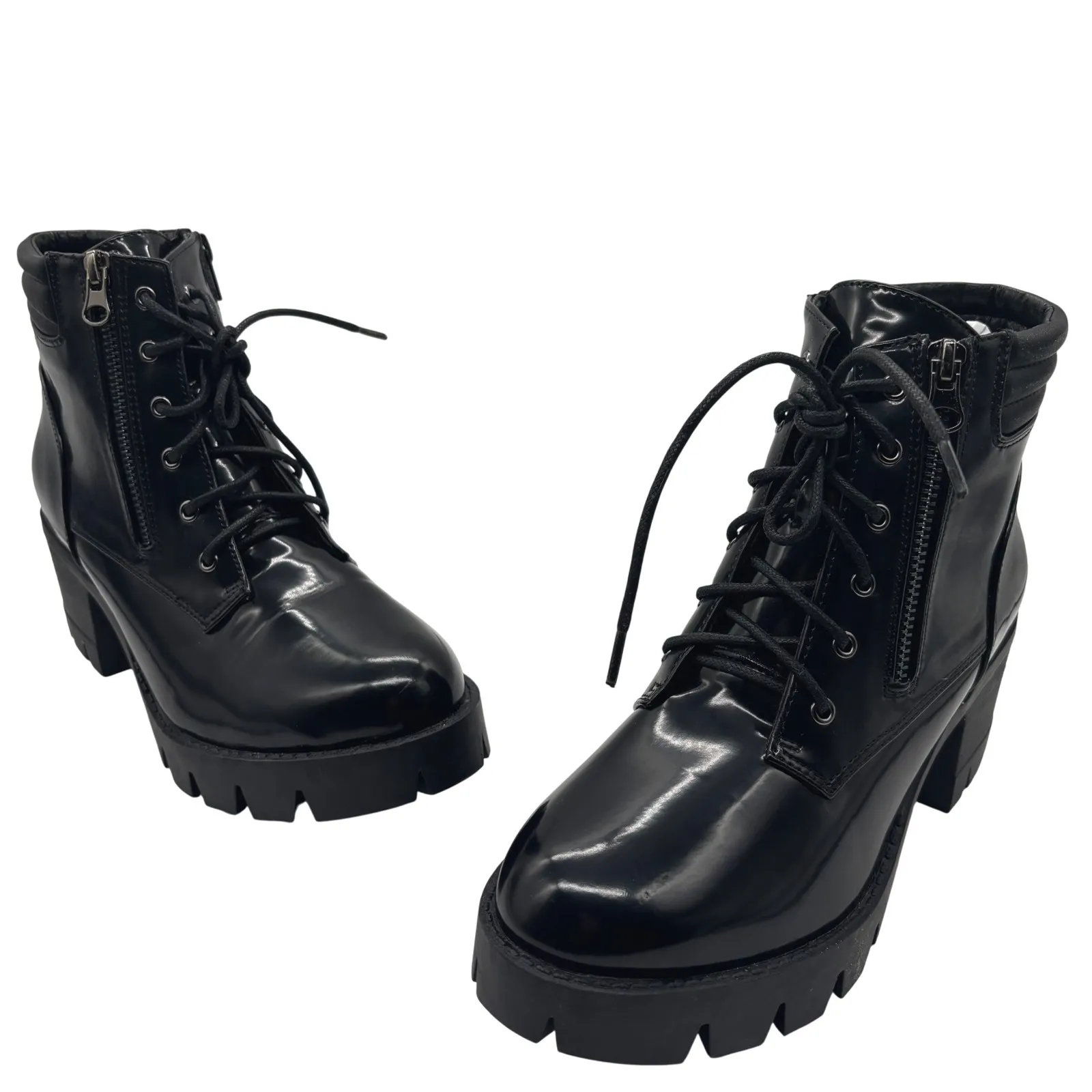 NEW Allegra K Ankle Boots Womens 8.5 Black Lace Up Side Zip Chunky Heel Platform - Image 2