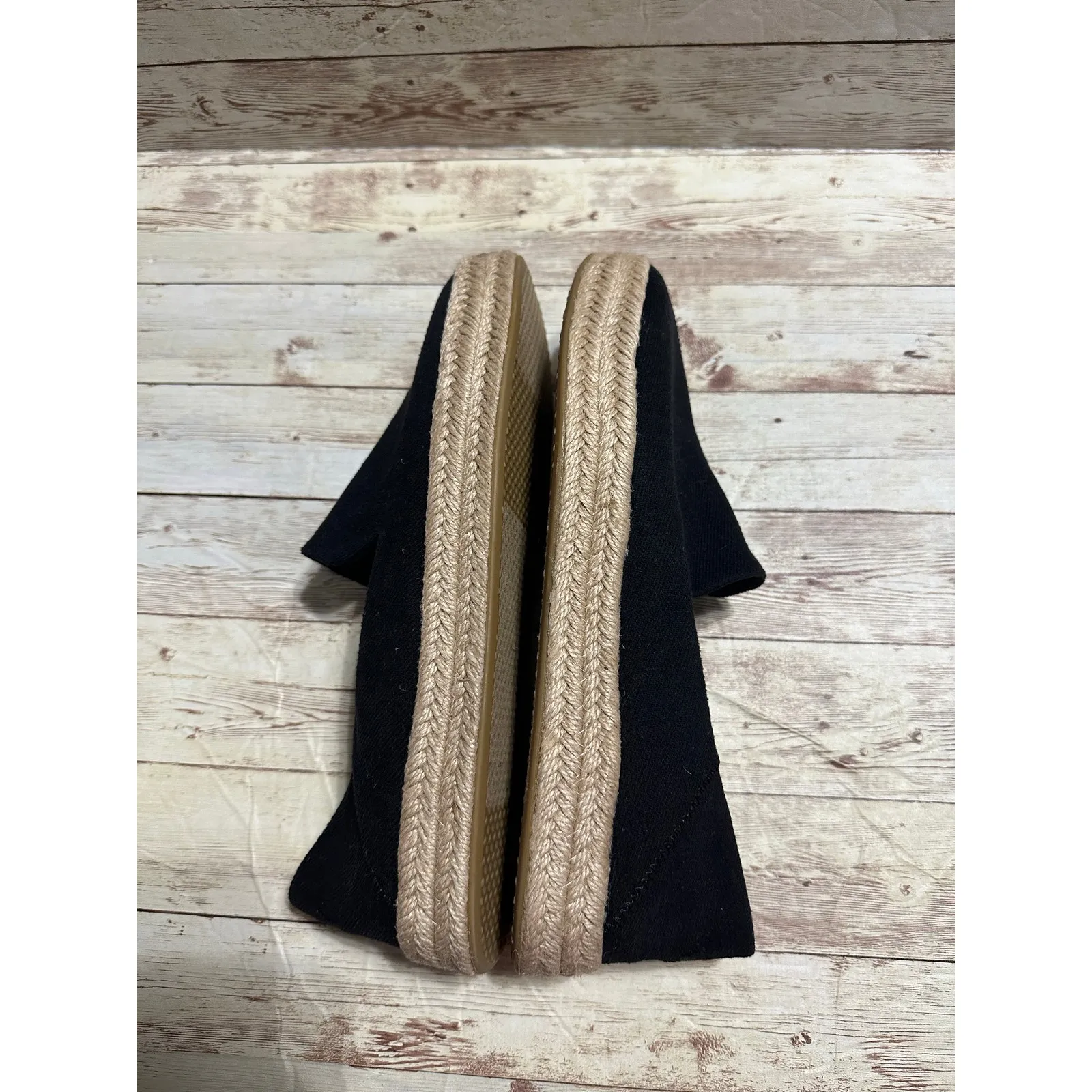 Toms Slip On Canvas Espadrille Shoes Women's Size 10 Black Tan Comfort Platform - Image 8