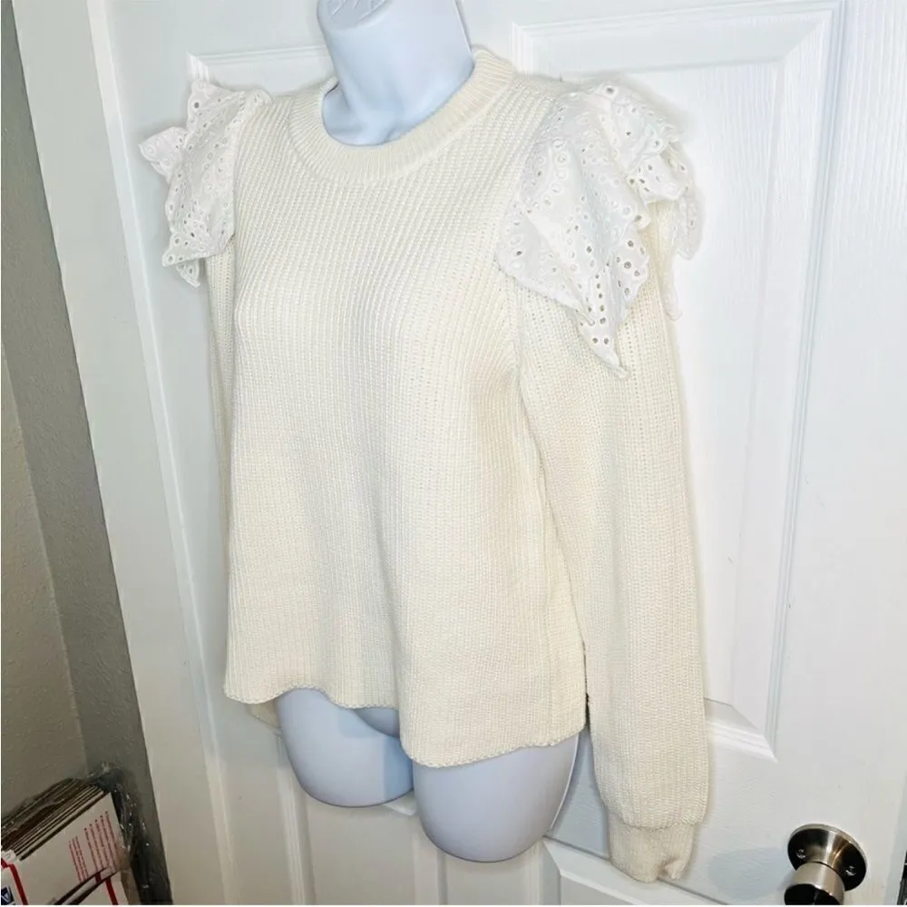 LILLA P Eyelet Ruffle Shoulder Trimmed Crew Neck Ribbed Sweater White Size L Size L - Image 5