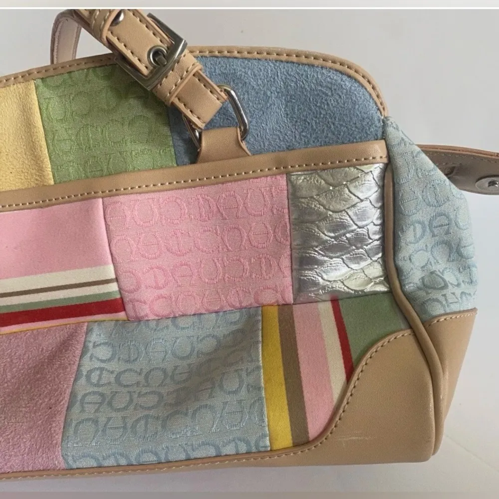 Vtg 80s Multicolor Leather Suede Patchwork HANDBAG Purse Handbag EUC Tan - Image 6