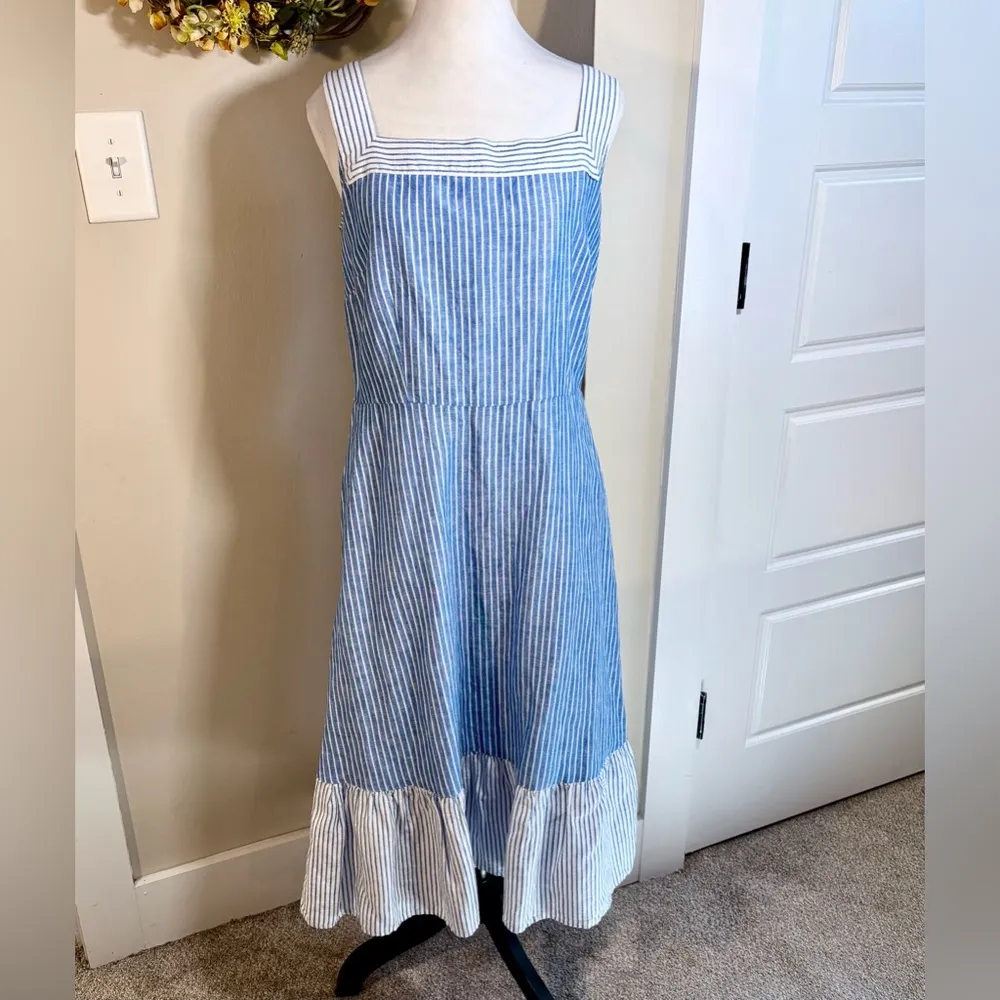 TALBOTS Linen Blend  Square Neck Striped Tiered Midi Dress w/Pockets Sz 6 - Image 2