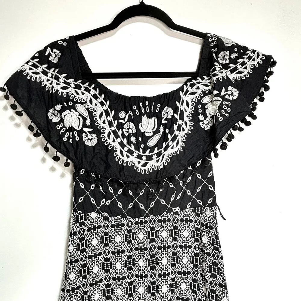 Anthropologie Marisol Off The Shoulder Embroidered Midi Dress Black, White 0 - Image 6