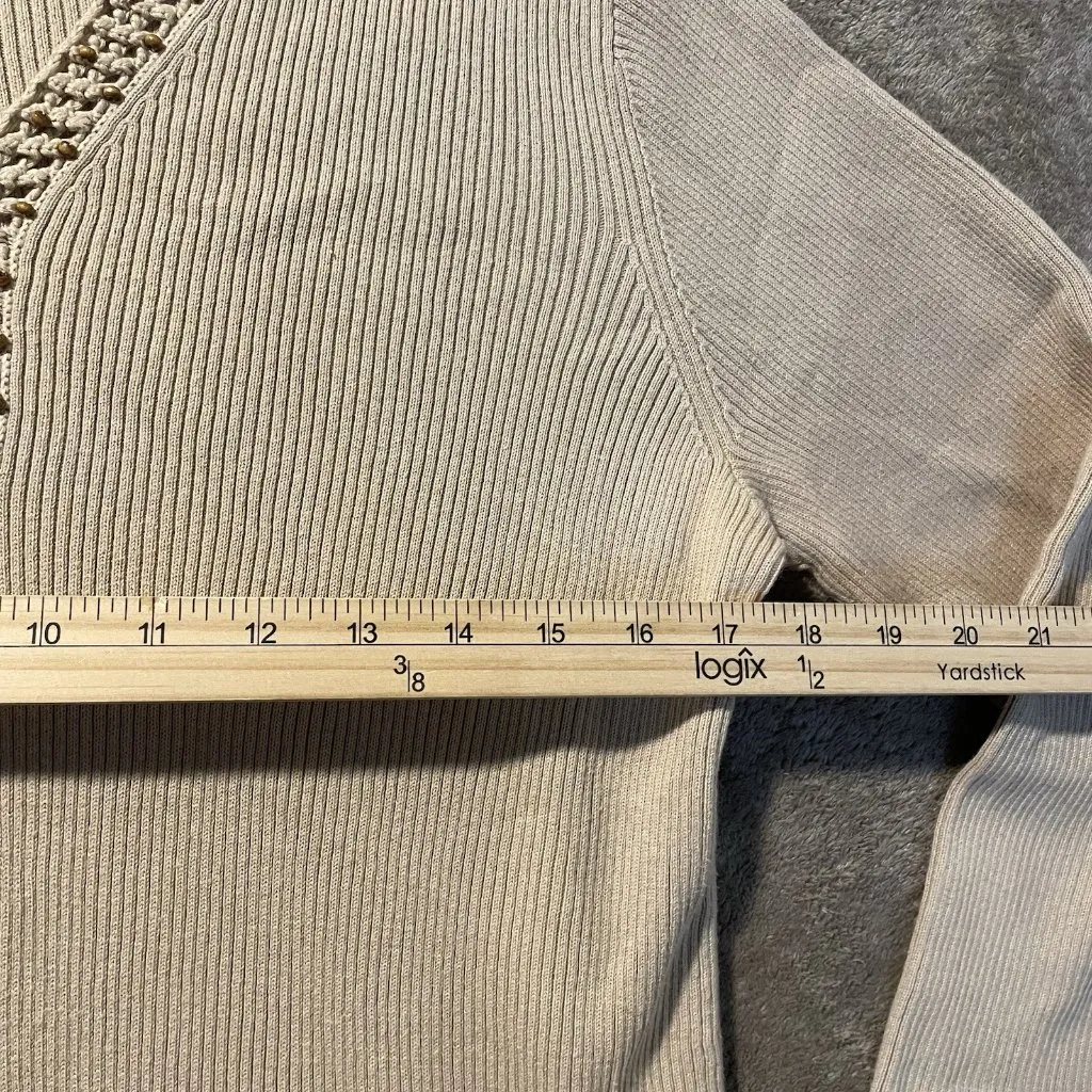 Charter Club Shirt Womens Large Knit Tan Ribbed Beaded Woven Trim Long Sleeve - Image 5
