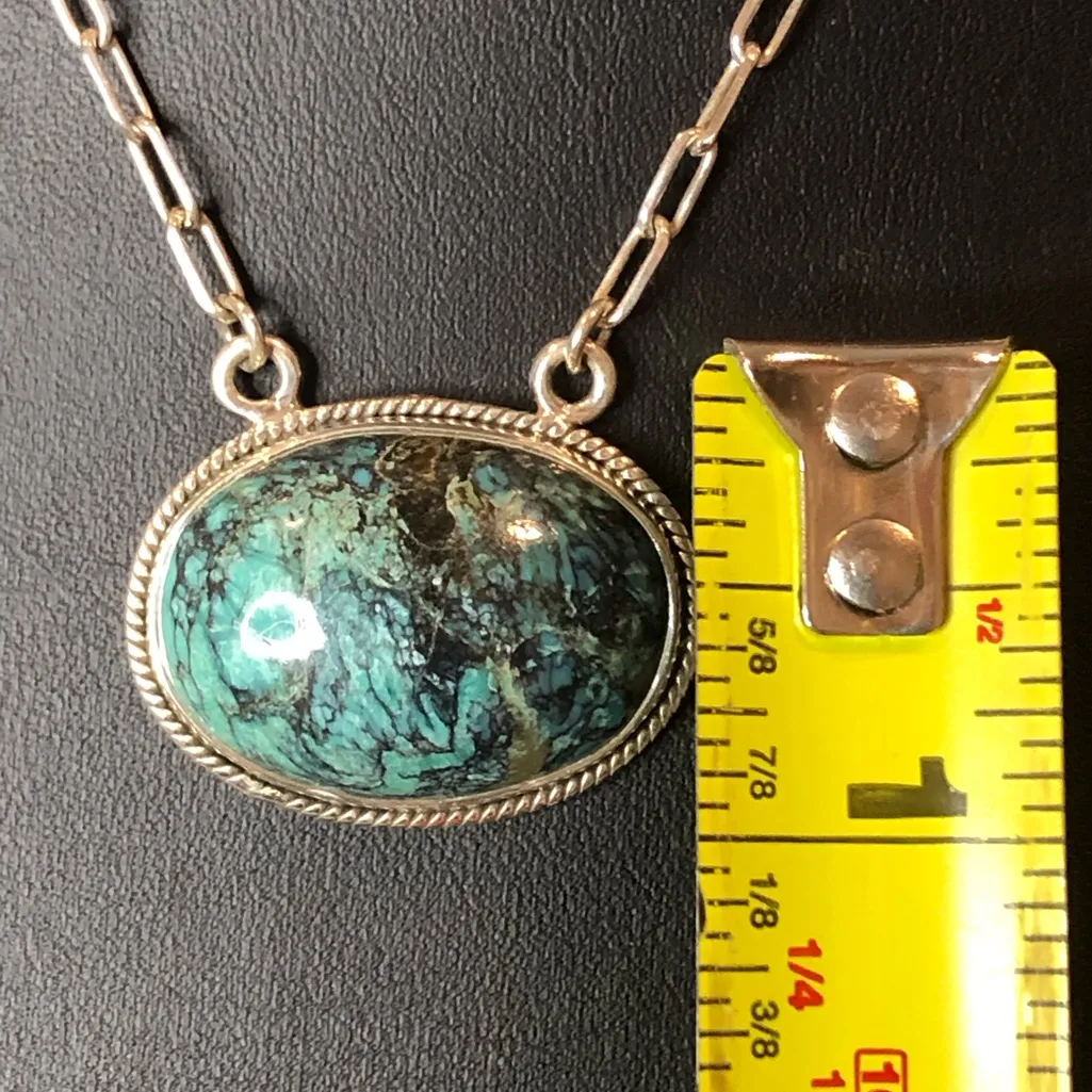 Turquoise Cabochon Gemstone with Rope Encircled Bezel and Sterling Silver Chain - Image 11