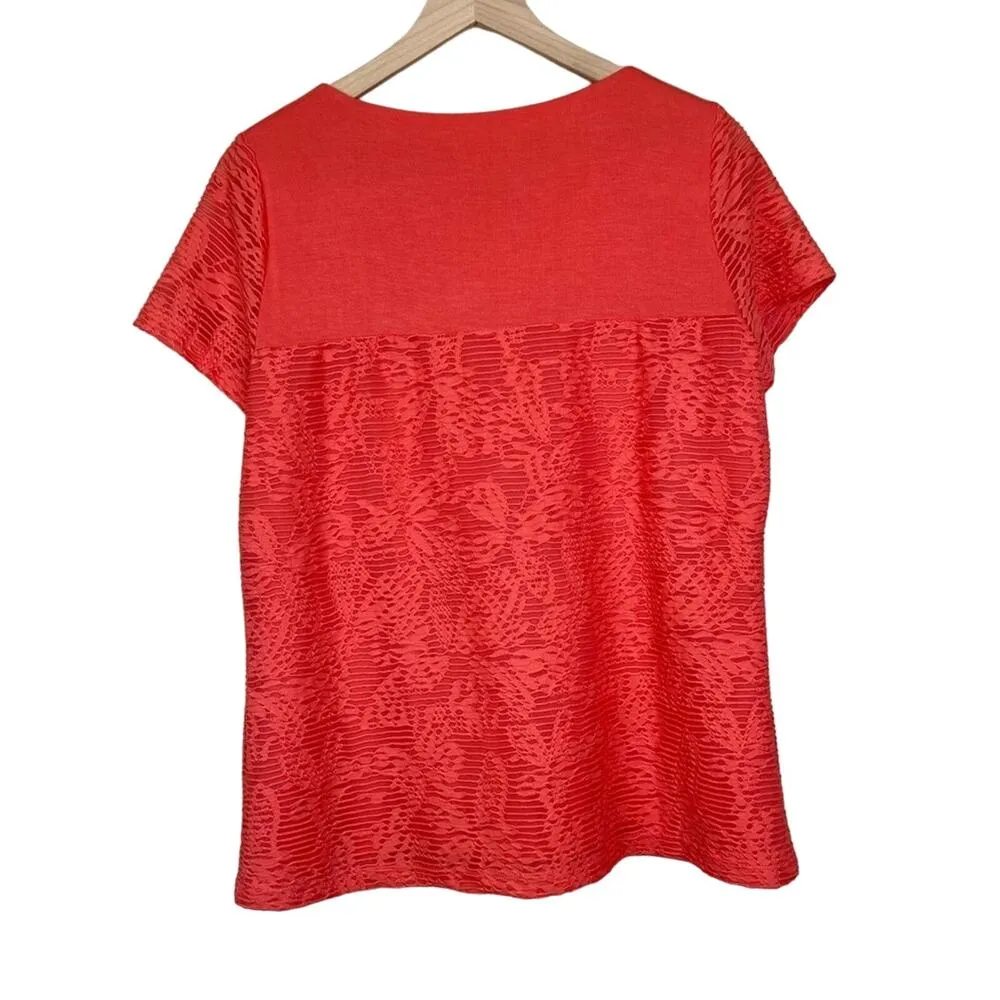 Calvin Klein blouse womens large coral floral lace overlay textured short sleeve - Image 5
