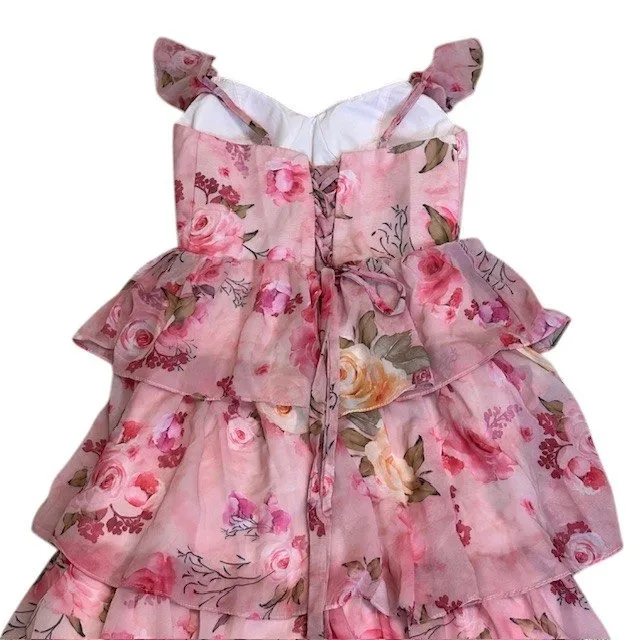 Floral Pink Maxi Dress‎ Ruffle Tiered Corset Back Party Wedding Homecoming Prom Size 8 - Image 15