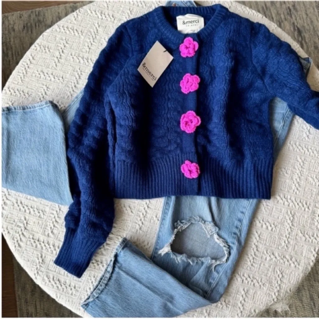 Elegant Blue Cardigan with Pink Floral Details - Image 3