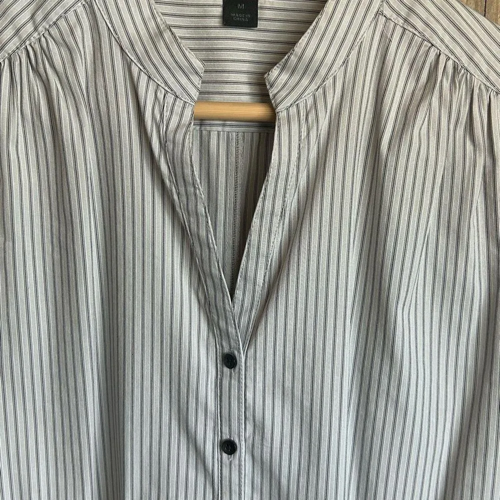 Vintage Express Top Medium Gray Pinstripe Cap Sleeves Button Down Careercore - Image 5