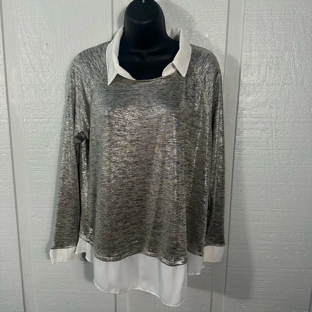 Kim & Cami Womens Tunic Liquid Gold Metallic Long Sleeve Top Size Medium EUC - Image 2