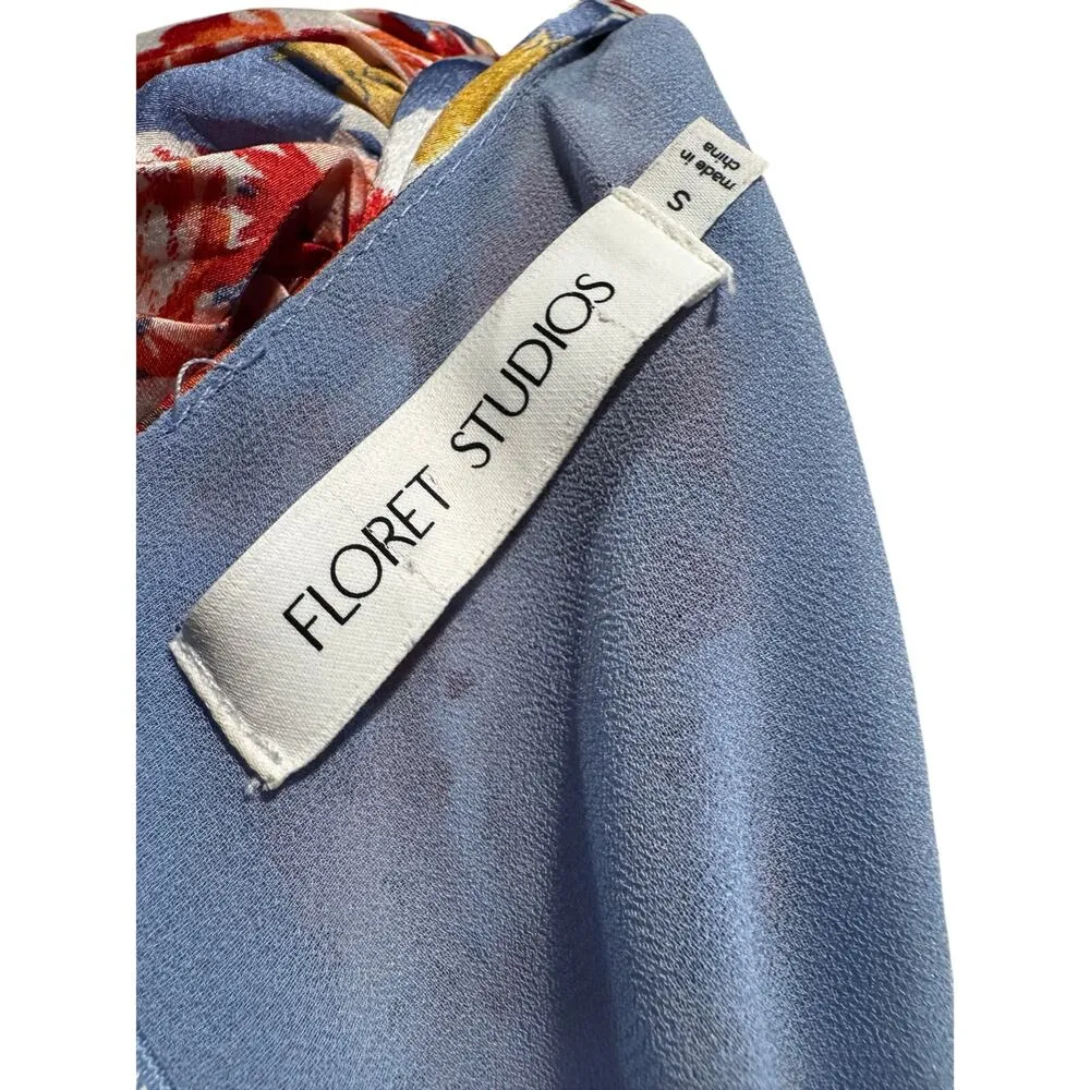 FLORET STUDIOS Floral Satin Faux Wrap Midi Dress in Blue - Image 4