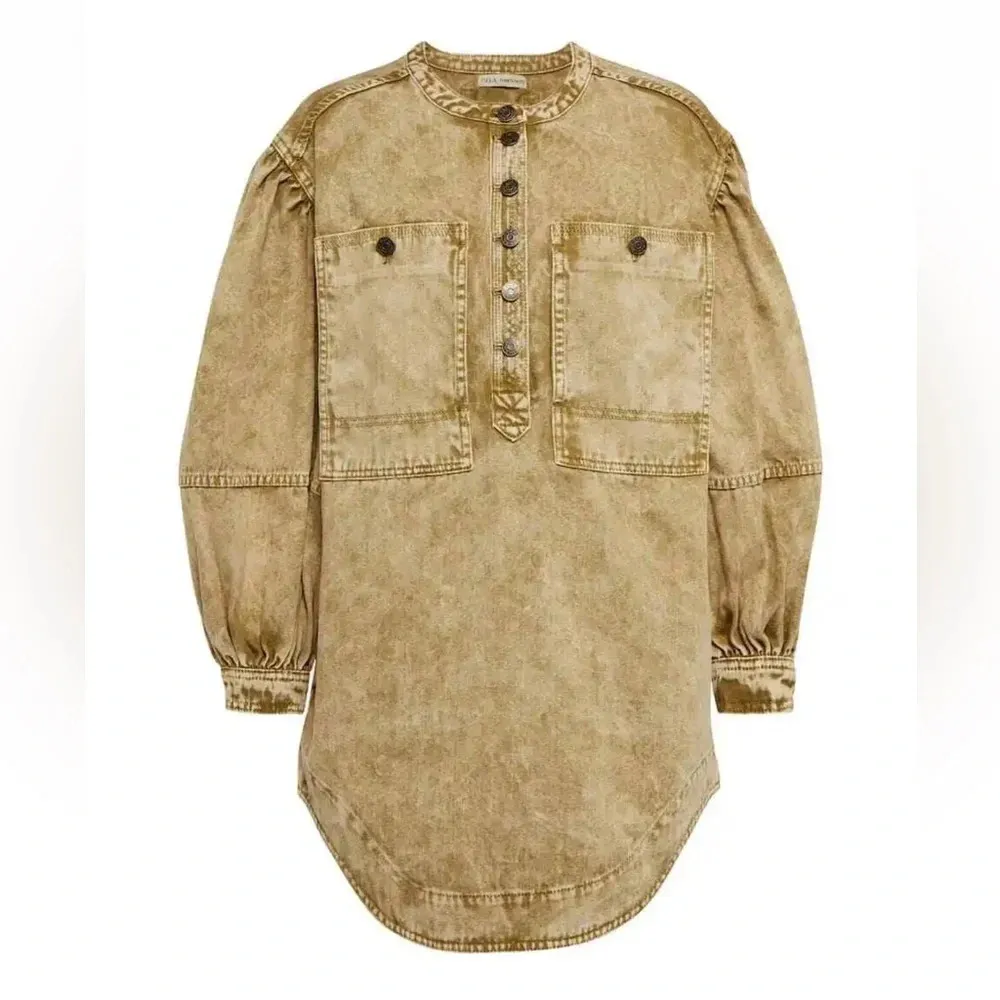 Ulla Johnson Wesley Cotton Denim Tunic Mini Dress 0 Oasis Khaki Balloon Sleeve - Image 15