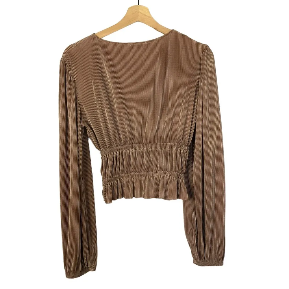 Zara Beige Pleated Lantern Sleeve Ribbed Plunge V-Neck Long Sleeve Blouse S - Image 3