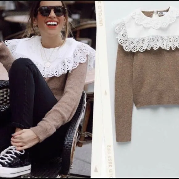 Zara wool blend brown sweater with contrasting collar Small - Image 2