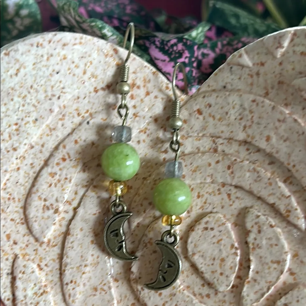 Handmade Olivine Jade + Labradorite Moon Dangle Earrings 🌙 ✨ - Image 2