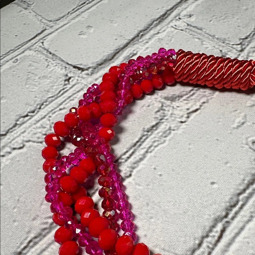 Braided Red Orange Pink Beaded Chunky Statement Necklace - Image 5