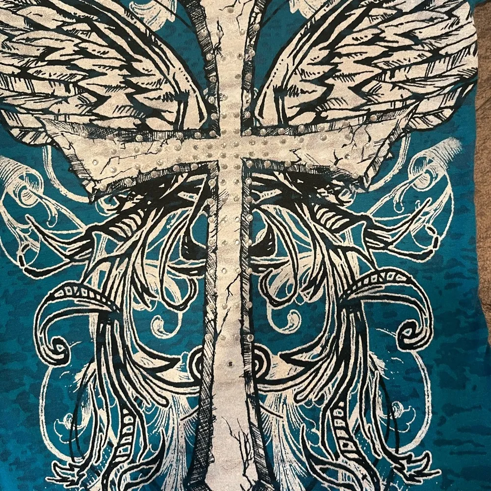 Vintage Ritual Semi Sheer Embellished Cross Wings V Neck Body Con Shirt L USA Blue Size undefined - Image 8