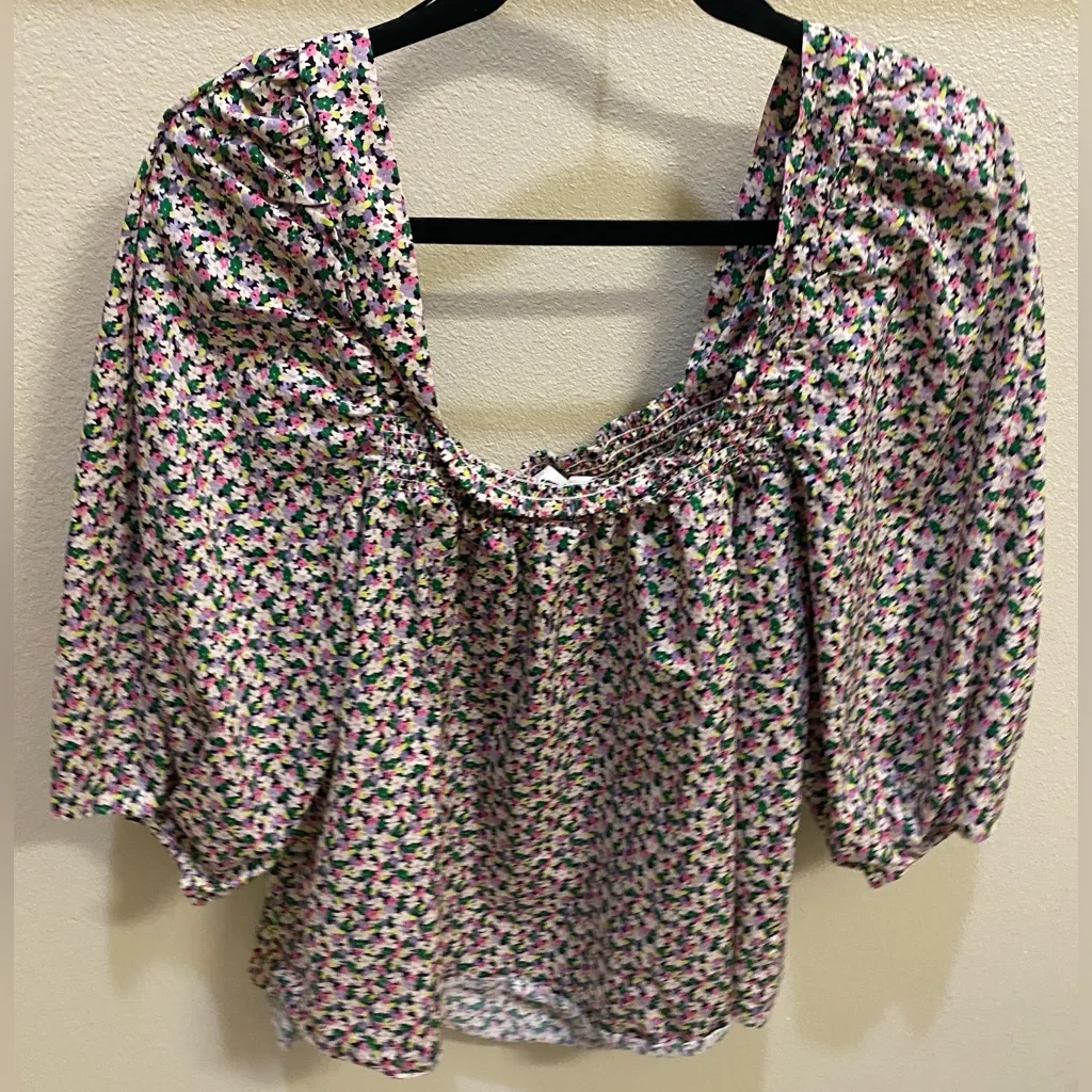 H&M Floral Square Neck Puff Sleeve Blouse Women's Sz XL White - Image 7