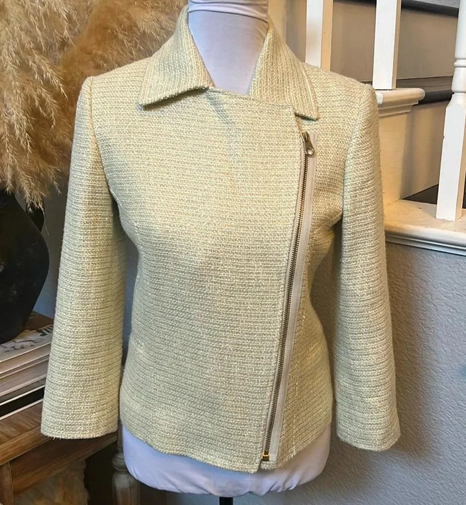 Pale Green Yellowish Cropped Boucle Biker Jacket Size 0 US Size 2 - Image 2